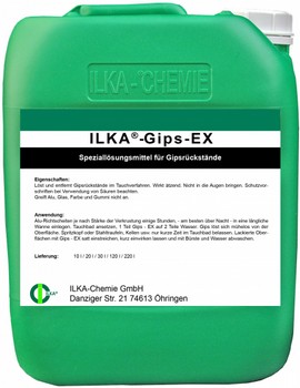 ILKA-Gips-Ex Speziallösungsmittel für Gipsrückstände. Löst und entfernt Gipsrückstände im Tauchverfahren
